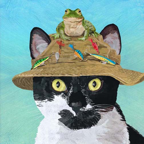 Cat in Fishing Hat with Frog Wall Art on Giclee Canvas or Fine Art Paper